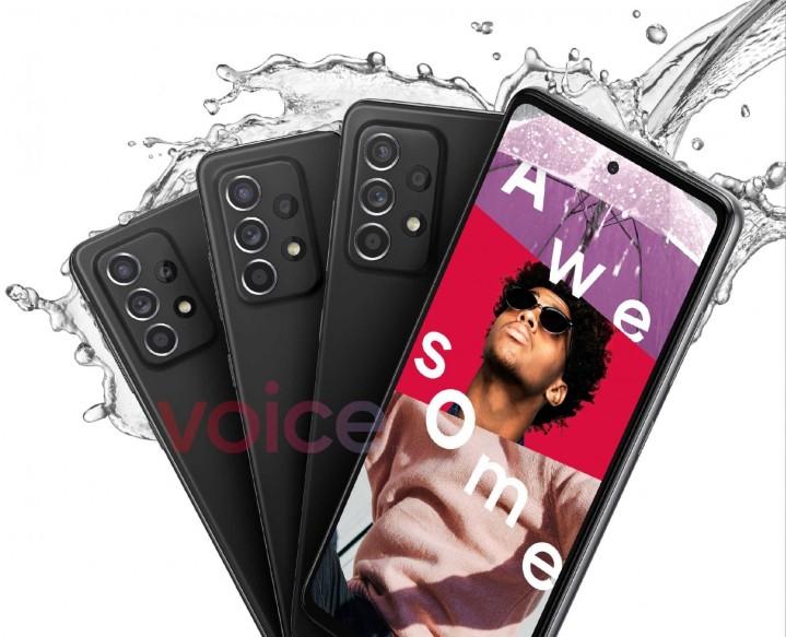 爆料達人Evan Blass 釋出據稱為三星將於近期發表的新一代5G中階主力機款、Galaxy A52 手機的官方宣傳照片。（圖翻Voice）