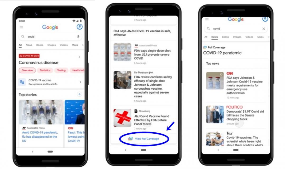 行動版的Google 搜尋App加入「Full Coverage」的新功能,於搜尋頁面依據各主題類型區塊,顯示相關搜尋資訊。(圖翻攝Google官方部落格;編輯合成)