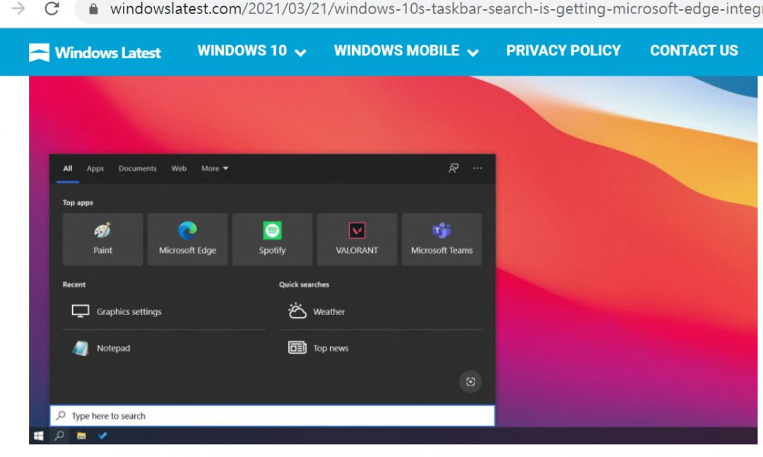 Windows 10作業系統內建的工具列「搜尋」功能,將與Edge瀏覽器深度整合,提供用戶快速查找書籤與瀏覽歷程等相關資訊。(圖翻攝Windows Latest)