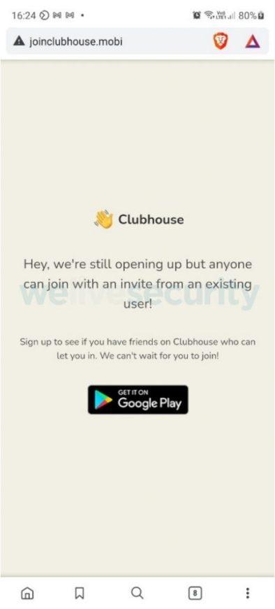 ESET資安研究人員發布報告稱，近日網路上出現假冒Clubhouse官網提供Android版本的下載按鈕，暗藏有入侵手機竊取個資的惡意木馬程式。（圖翻攝ESET)