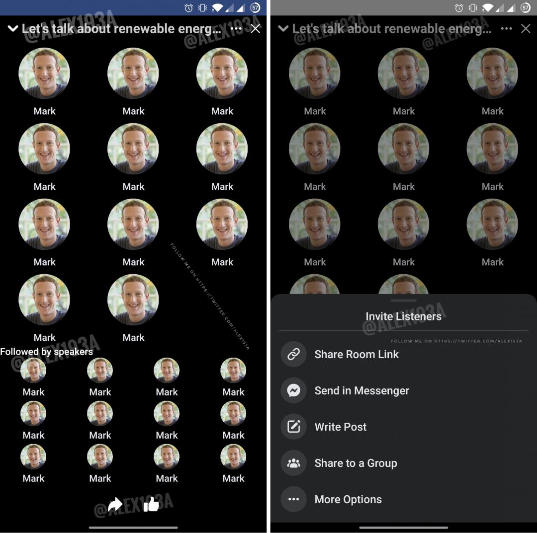 國外一名逆向工程師搶先曝光據稱為臉書正在開發的語音直播」新功能介面。（圖翻攝Alessandro Paluzzi推特）