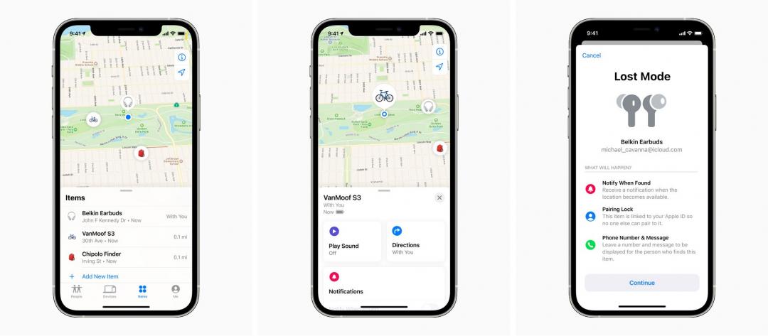當找不到一件遺落在附近的物品時,使用者可以在「尋找」App 中的全新物品標籤頁,透過「尋找」網絡配件計畫追蹤屬於自己的物品,並可透過播放音效功能來確定物品位置。(圖蘋果提供;編輯合成)