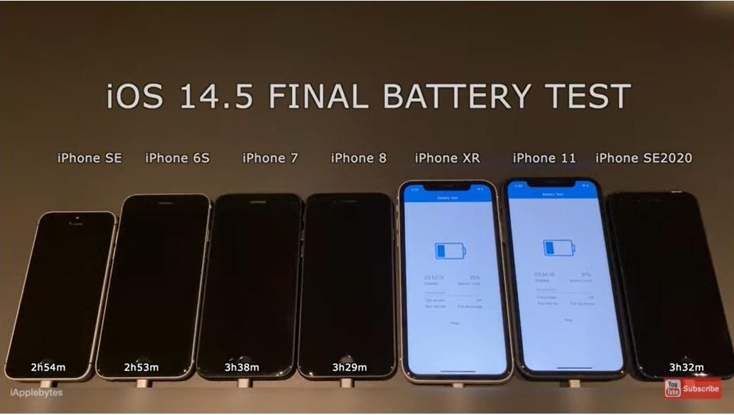 iPhone XR與iPhone 11 升級到「iOS 14.5」版後,手機的電池續航表現比「iOS 14.4.2」版提升幅度最高。(圖翻攝自國外知名YouTuber「iAppleBytes」頻道影片)