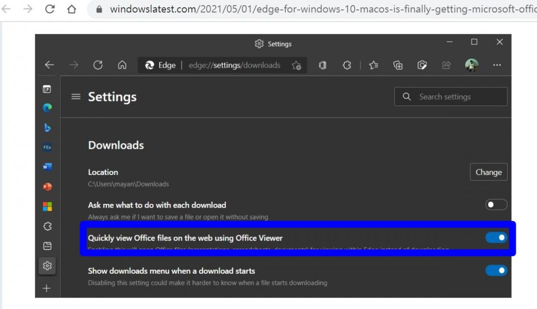 微軟日前向開發者釋出 Edge 92的最新測試版本中,新增一項名為「Office Viewer」的新功能。(圖翻攝 Windows Latest)