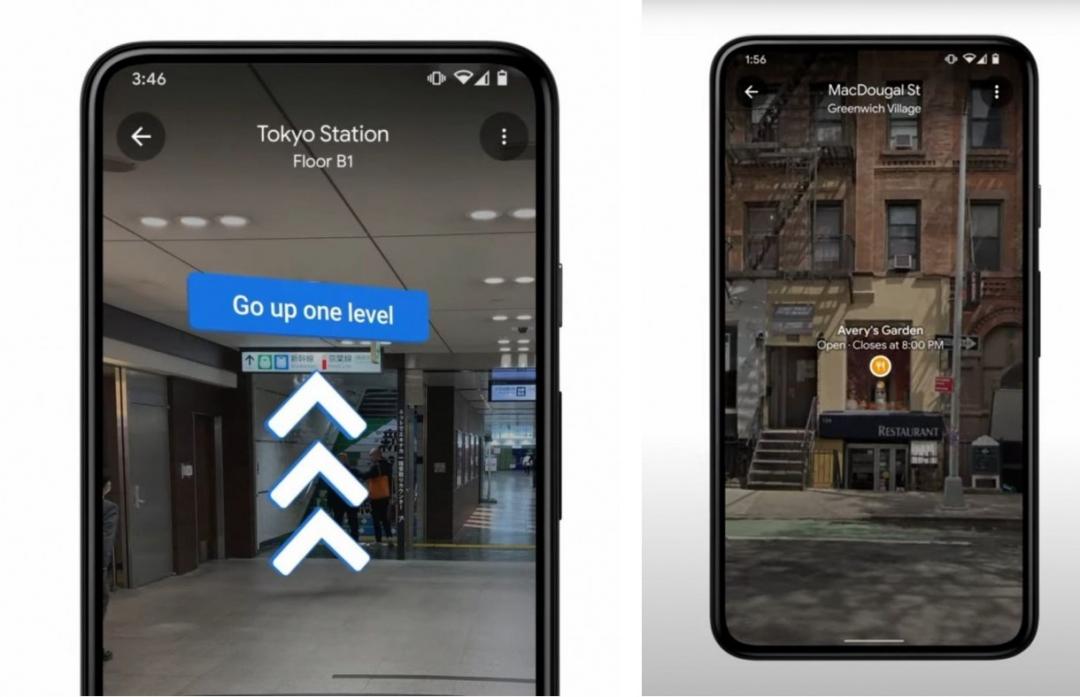 新版Google地圖強化AR實景導航，室內與戶外都將加入關鍵地標的資訊與箭頭指引。（圖翻攝Google 開發者大會直播影片）
