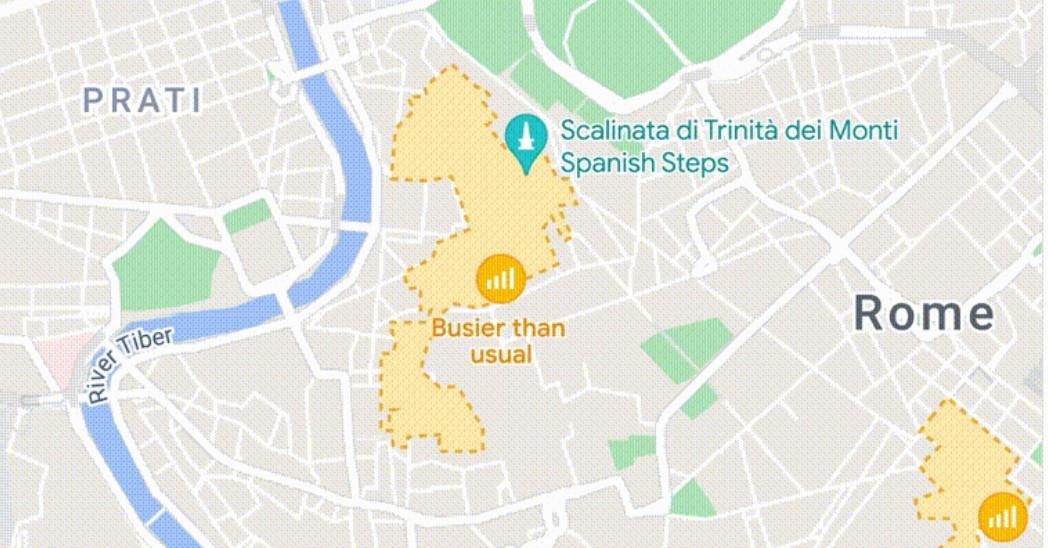 Google 地圖，會在特定區域顯示交通繁忙與人潮擁擠的程度資訊。（圖／Google提供）