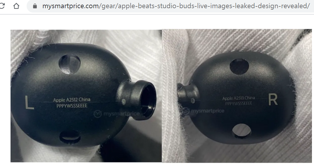 據稱為蘋果Beats Studio Buds 的無線降噪耳機,實機諜照於網路流出。(圖翻攝Mysmartprice)