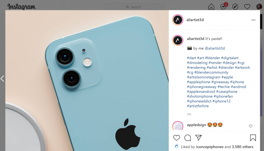 國外設計師繪製假想的iPhone 蒂芬尼藍色的渲染設計圖。（圖翻攝國外設計師aliartist3d個人IG）