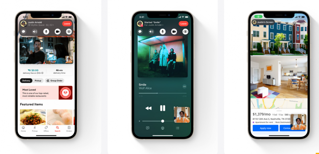 iOS 15 推出 FaceTime 的 SharePlay共享，可邊視訊邊與好友一起聽音樂、看影片。（翻攝蘋果官網）