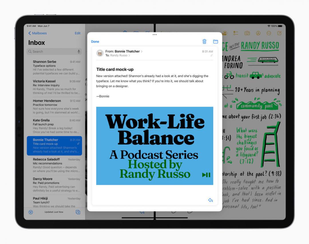 iPadOS 15 讓「分割顯示」、「滑動置前」等功能變得更加強大、更容易操作。(圖/蘋果提供)