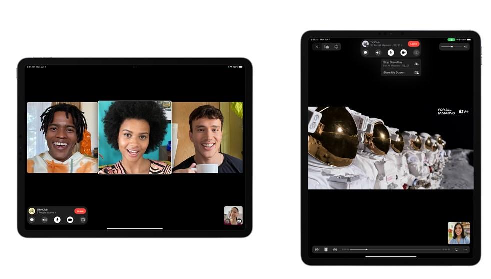 iPadOS 15 能讓親友間的FaceTime 視訊通話對話變得更有趣,還可享受邊視訊邊一同觀看電影的樂趣。(圖/蘋果提供)
