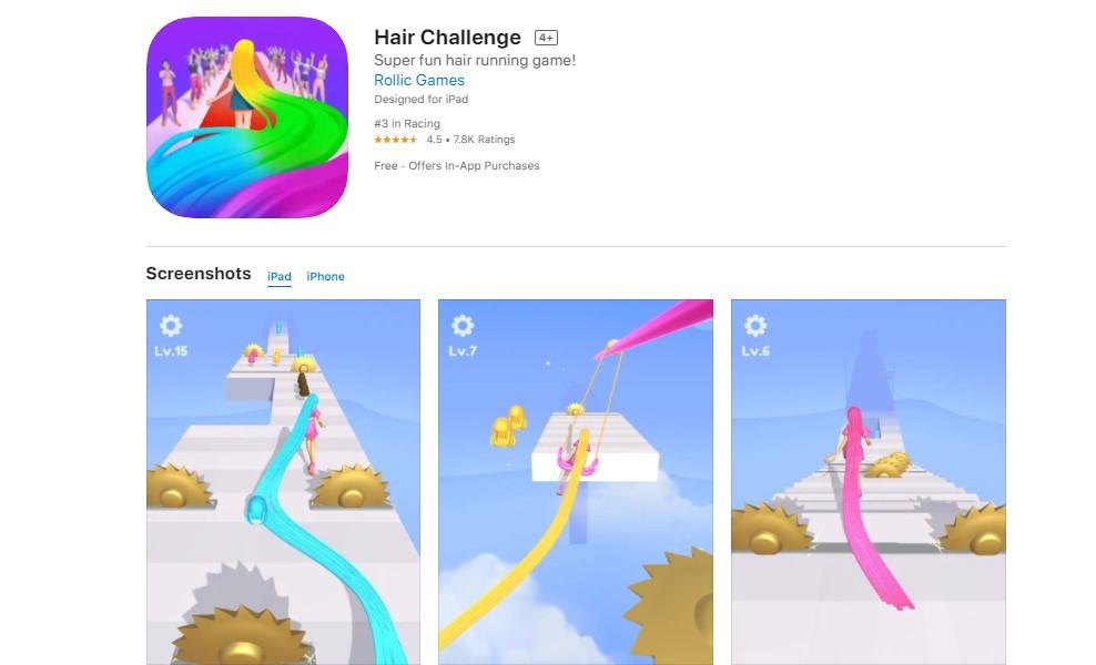 Zynga旗下的休閒遊戲工作室 Rollic Games 推出的《Hair Challenge》手遊，兼具頭髮養成與跑酷挑戰的奇葩關卡，近期掀起全球玩家熱潮。（圖翻攝App Store）