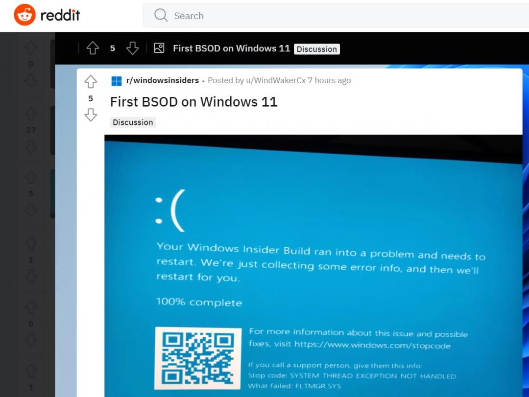 國外網友升級Windows 11預覽測試版後,在論壇上Po出第一張當機藍畫面的截圖。(圖翻攝Reddit)