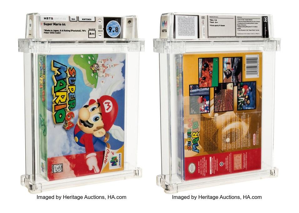 任天堂於1996年推出的《超級瑪利歐64》遊戲卡匣，為該遊戲系列第一款3D動作遊戲。（圖翻攝 Heritage Auctions）