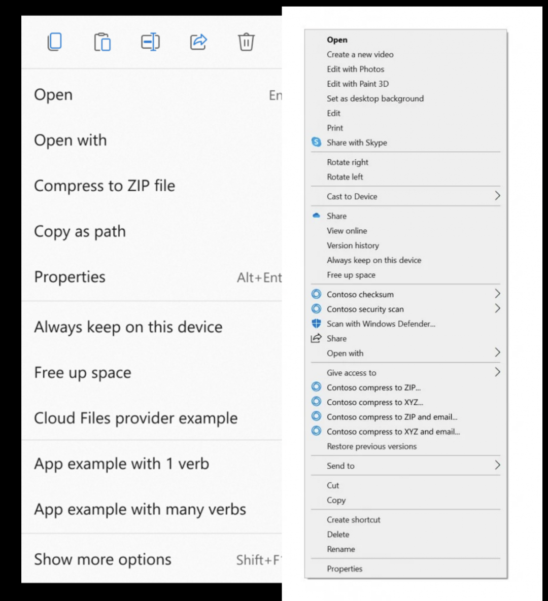 左為新的 Windows 11 右鍵選單，目前正於開發者版本測試，右為當前 Windows 10 版本。（圖／翻攝 Windowscentral）