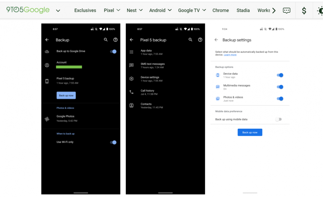 最右邊的白底截圖畫面,為新版Google One App,在備份設定選單介面,出現一個可備份多媒體簡訊的開關按鈕。外媒推估近期內安卓手機裝置內建的「備份」功能,也將同步納入該選項。(圖翻攝9to5Google)