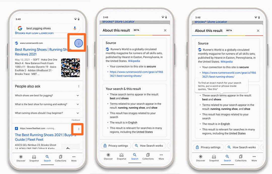 Google 搜尋結果頁面的標題欄位最右側新增「...」圖標，點選後即可查看為何搜尋結果會顯示該則文章的原因。（圖翻攝Google官方部落格）