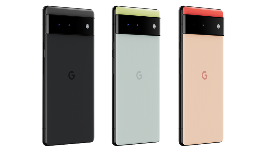 基本款的Pixel 6,機背搭載雙鏡頭,機身除黑色外,還提供更顯清新繽紛的淺綠色系與淺粉搭珊瑚紅色系。 (圖翻攝Google官網)