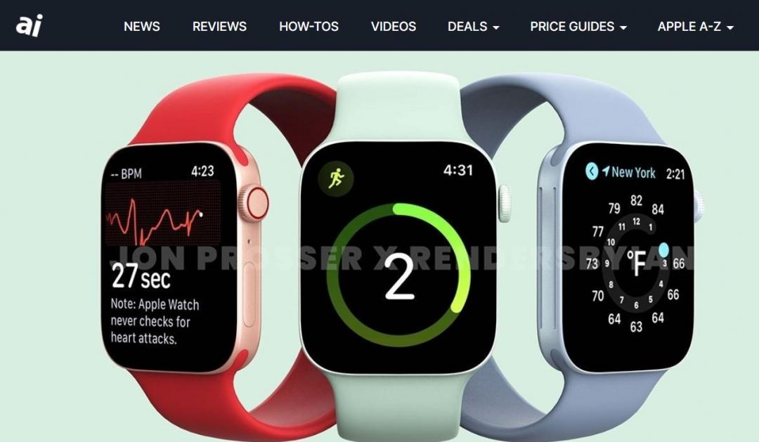 據稱為今年新一代Apple Watch 7 渲染圖於網路流出（圖翻攝Appleinsider）