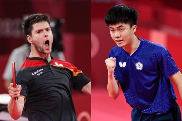 林昀儒（圖右）出戰東京奧運桌球男單銅牌戰，對決德國名將奧恰洛夫（圖左）。（路透，資料照，本報合成）
