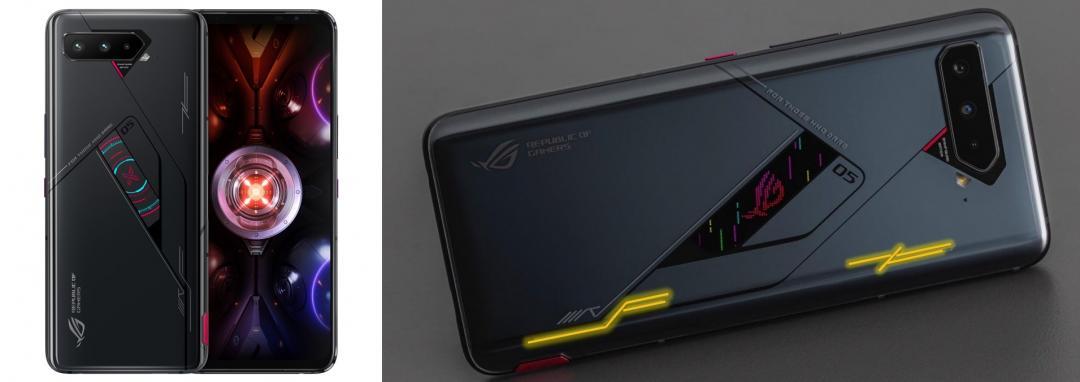 華碩目前市售最頂規的電競旗艦新機ROG Phone 5s Pro，搭S888 Plus處理器，機背彩色副螢幕，並有專屬後置觸控鍵區域（如右圖黃色標線）。18GB/512GB台灣上市售價為37,990元。機身僅黑色。（圖華碩提供）