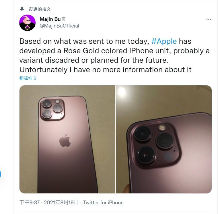 爆料客曝光據稱為iPhone 13 玫瑰金模型機圖片。（圖翻攝@majin bu 推特）