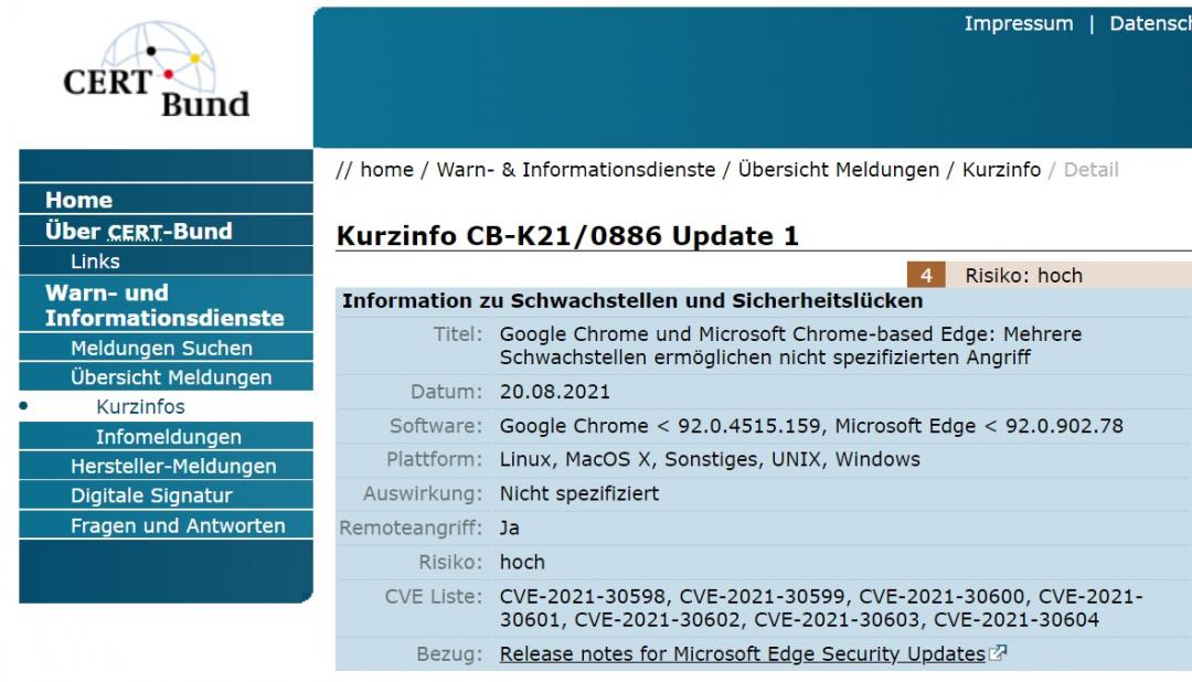 Chrome、Edge瀏覽器,被發現均存有6個高風險漏洞。Google與微軟已釋出修補版本,建議用戶更新至最新版本。(圖翻攝德國CERT-Bund網路安全應變中心)