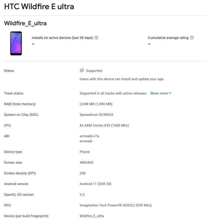 型號為HTC Wildfire E Ultra 入門機款,在Google Play設備平台上現身。(圖翻攝MySmartPrice)