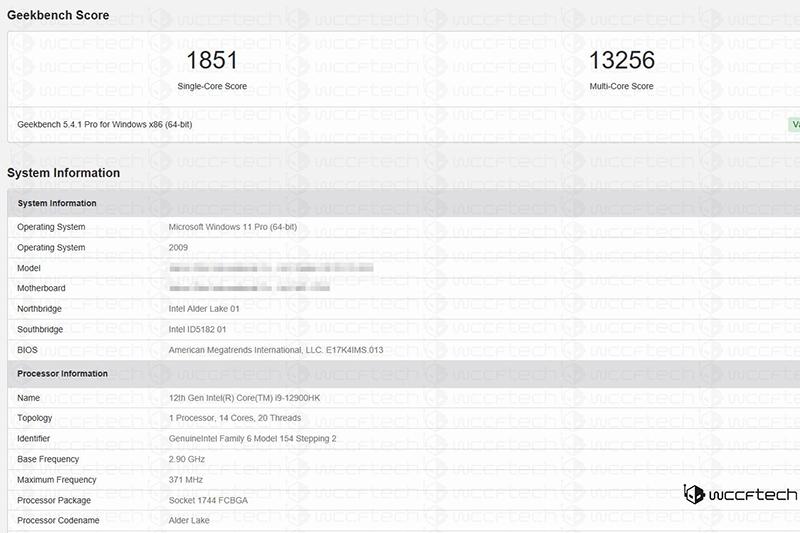 Core i9-12900HK 基本資料。(圖片來源/擷取自 Wccftech)