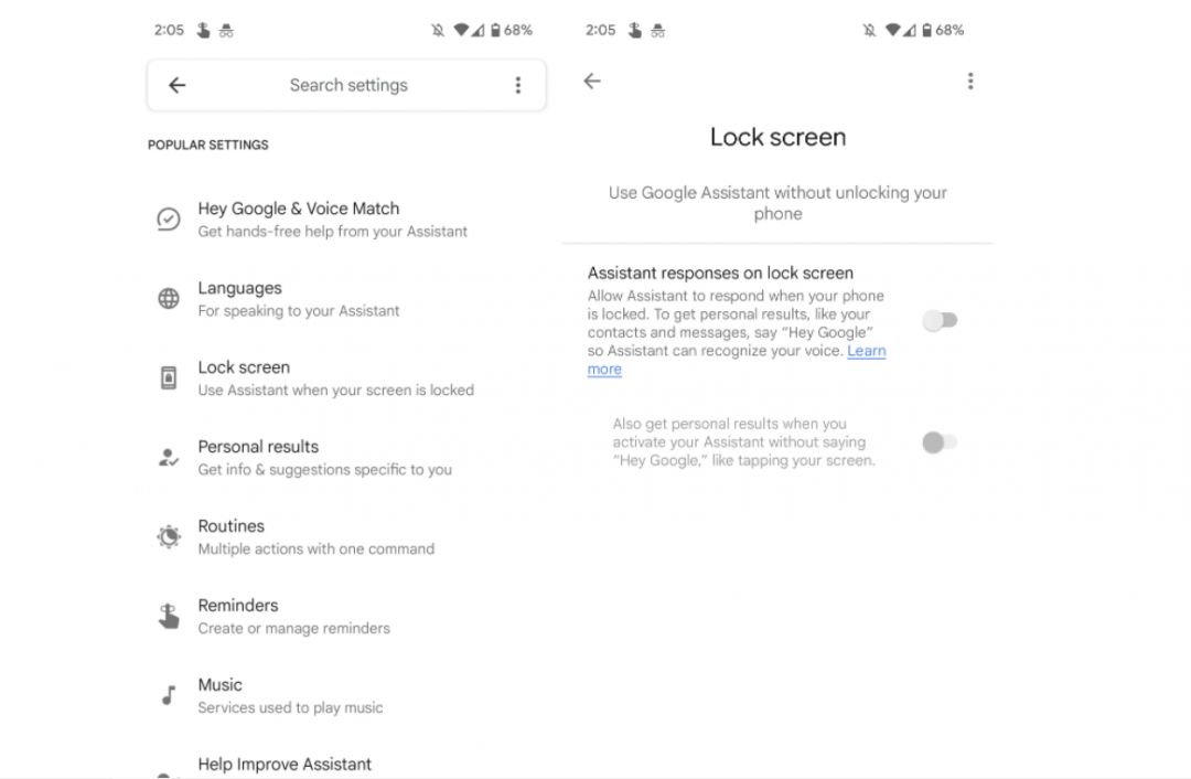 Pixel 6 內建的Google語音助理,有支援螢幕鎖定時的使用功能。若把該選項手動設置為禁用狀態,可避免手機無故觸發該功能亂撥電話的異常。(圖翻攝9to5Google)