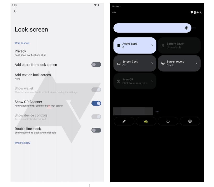 Android 13 作業系統的新功能截圖流出，圖左為QRcode scanner掃描器可於螢幕鎖定時啟用的設定介面。（圖翻攝Android Police）