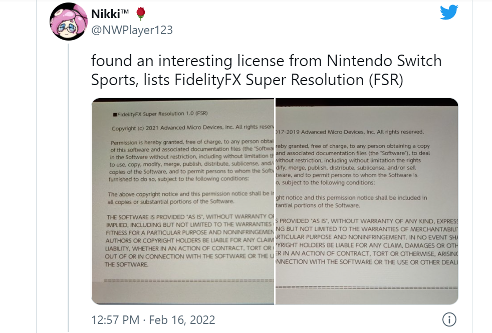 《Nintendo Switch 運動》用戶協議文件,顯示使用AMD的FidelityFX 技術。(圖翻攝NWPlayer123推特)