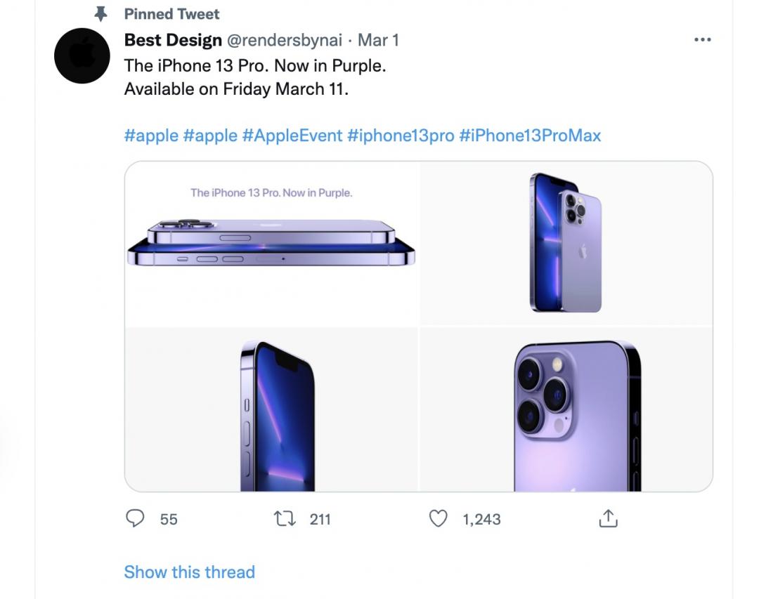 一名美國設計師爆料蘋果春季發表會，新品加碼推出iPhone 13 Pro系列紫色版。（翻攝Twitter）
