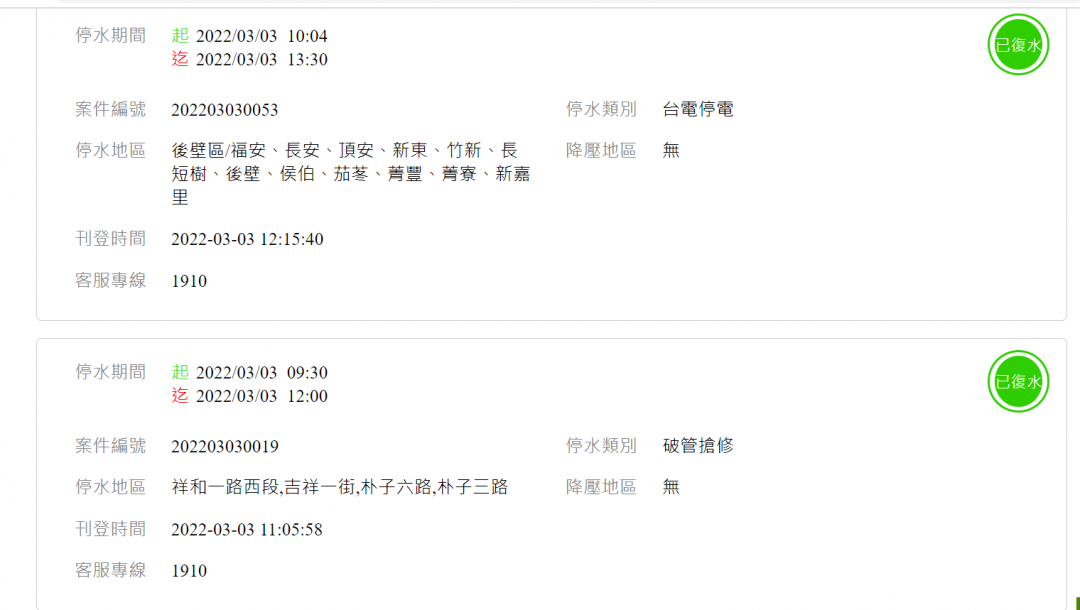 想要查詢某個縣市的停水資訊,可直接點地圖上的縣市區域,即可列表顯示該縣市的停水資訊。(圖翻攝台灣自來水官網)