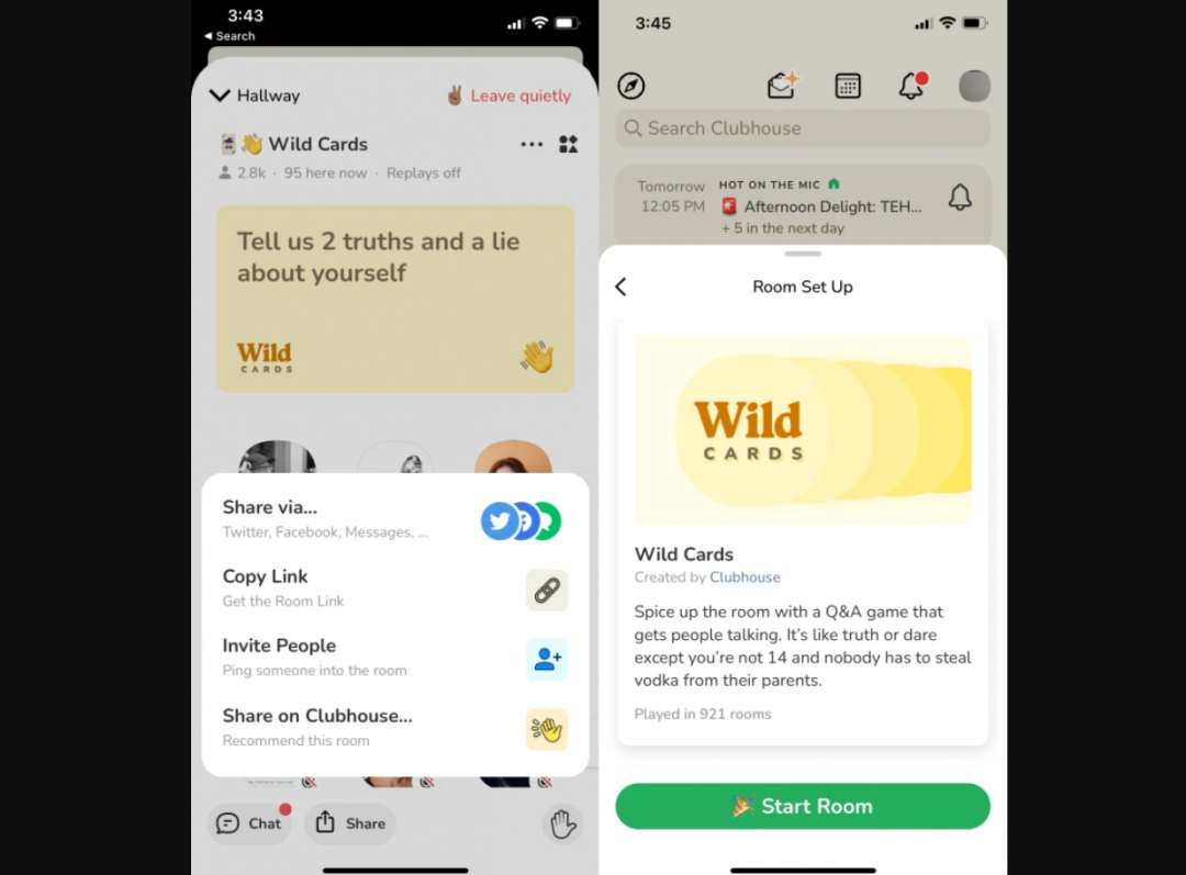 Clubhouse 語音社群測試「Wild Cards」遊戲互動功能。(圖翻攝TechCrunch)