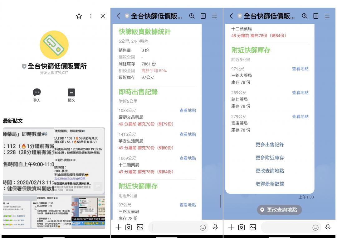 加入LINE官方帳號機器人「全台快篩低價販賣所」，可即時顯示離你最近的藥局與快篩試劑庫存數量。（圖翻攝手機螢幕截圖）