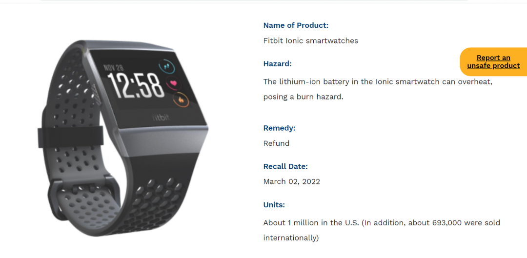 Fitbit Ionic 因電池過熱遭用戶提出集體訴訟,Fitbit 在今年3月初向曾購買該款型號的用戶發佈召回通報。該款手錶於2017年9月推出上市、售價為299美元,已於2020年停產。(圖翻攝Fitbit官網)