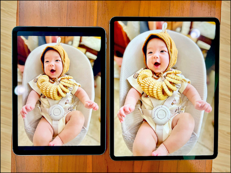 iPad Air螢幕的顯色效果，皆與iPad Pro相當。圖左為10.9吋的iPad Air，右為12.9吋款的iPad Pro。顯示同樣的照片時，肉眼觀察並沒有太明顯的差異。