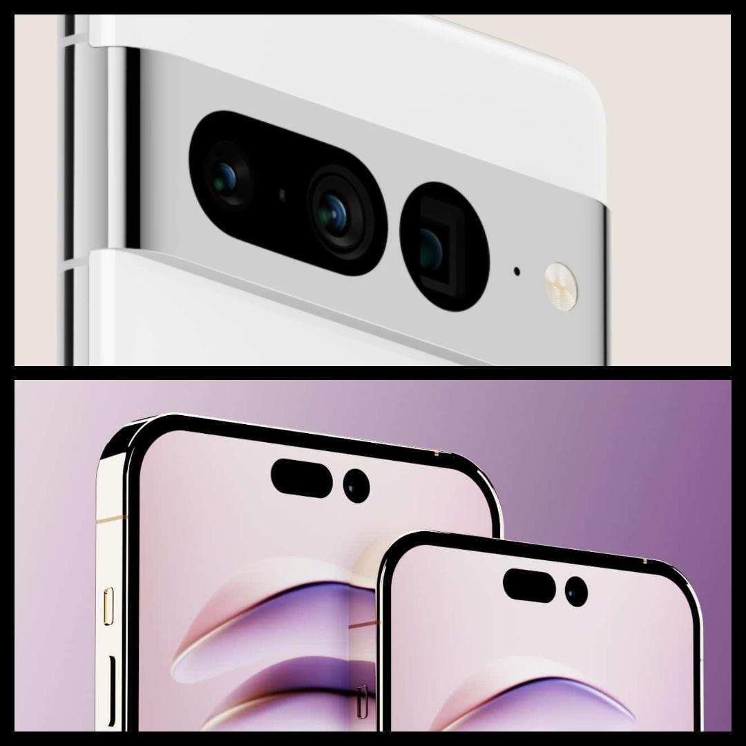 有網友指出Pixel 7的相機模組設計跟iPhone 14的「橫躺驚嘆號」螢幕很像。(圖/網路)