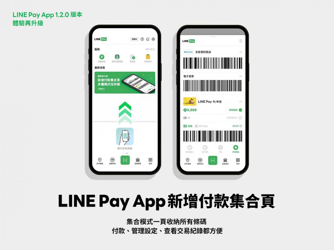 LINE Pay App 1.2.0版本新增付款集合頁，一頁收納所有條碼。（圖LINE Pay提供）