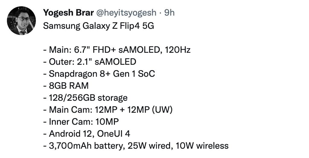 爆料達人Yogesh Brar公開三星Z Flip 4規格參數曝光。(圖/網路)