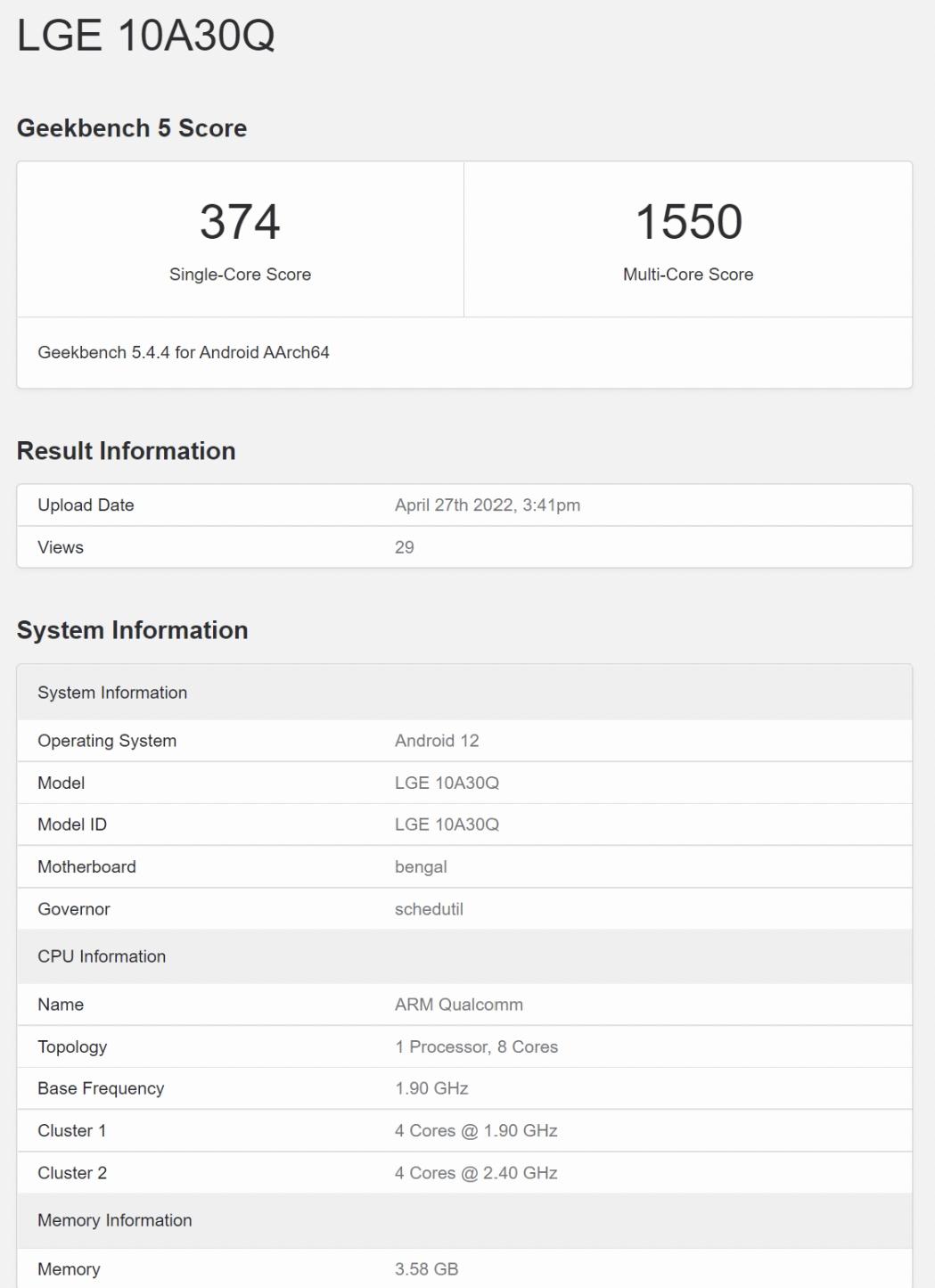 Geekbench網站出現LG新平板的跑分。(圖/Geekbench)