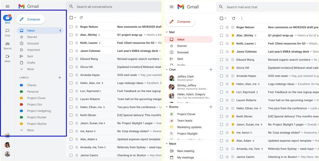 圖左為2022新版Gmail介面，左側新欄位提供四個功能標籤切換。圖右為舊版。（圖翻攝Google官方部落格）