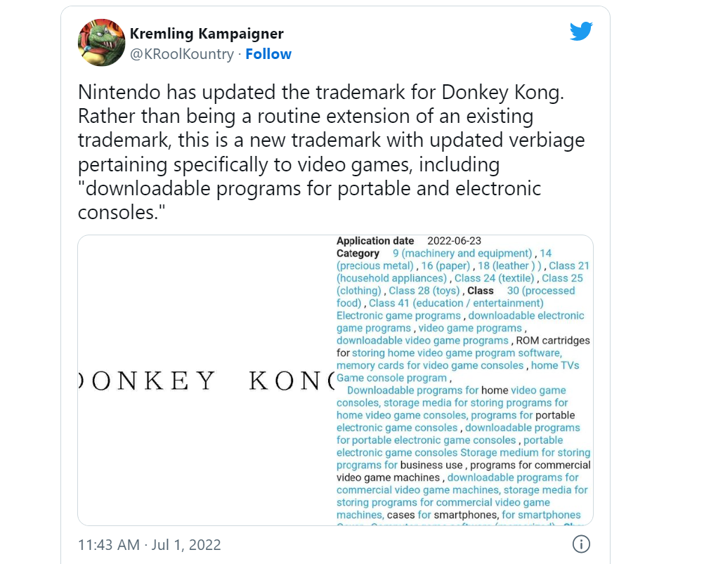 國外玩家發現到任天堂在今年6月下旬的時候，以「Donkey Kong」（音譯為大金剛）名稱，提升商標註冊文件。（圖翻攝
Kremling Kampaigner 個人推特）
