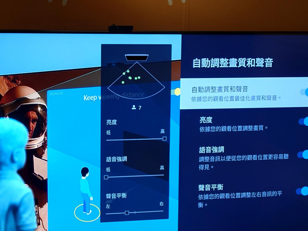 藉由電視上方的BRAVIA CAM，可以偵測觀看人數、位置，進而自動調整最佳的聲音、畫面設定。（記者黃肇祥攝）