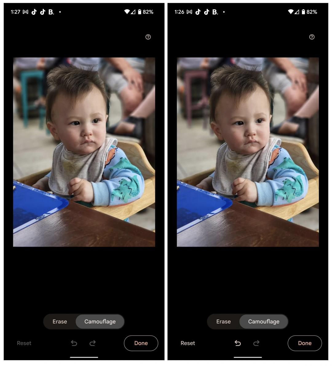 Google Pixel 6 全系列三款機型,內建Google相簿的魔術橡皮擦修圖功能,可利用「偽裝」工具改變背景雜物的色調,以凸顯拍攝主角。如把原本背景角落出現的藍色高腳椅,變成紫色。(圖翻攝The Verge)