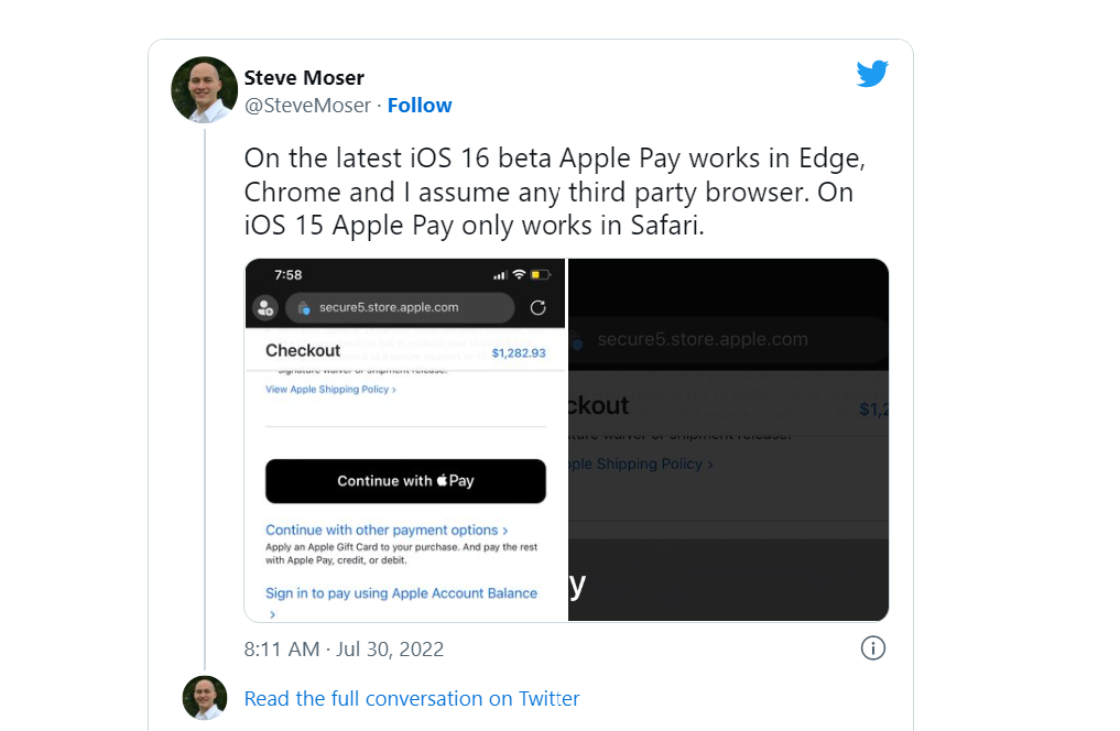 日前釋出的iOS 16 Beta 4 測試版本,已允許透過第三方瀏覽器顯示使用Apple Pay付款的結帳畫面了。(圖翻攝Steve Moser個人推特)