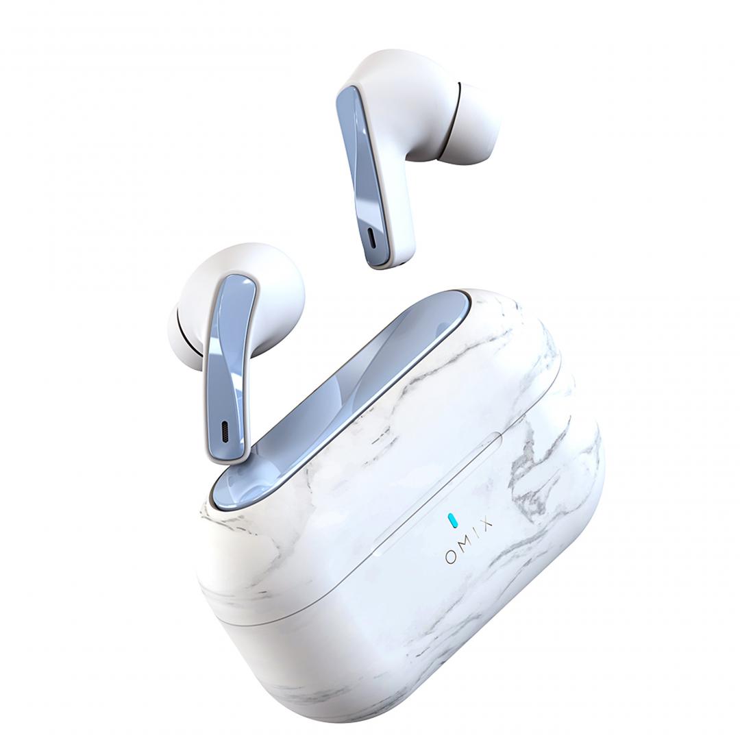 OMIX光感主動降噪真無線藍牙耳機G-SE，有曜幻白、水光白兩色，售價2,199元。即日起至8月11日於官網預購，加贈訂製天鵝絨耳機收納袋。