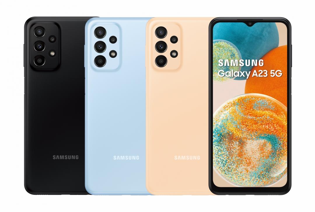Galaxy A23 5G推出潮黑豆豆、霧藍豆豆、蜜桃豆豆共三色選擇。(圖三星提供)