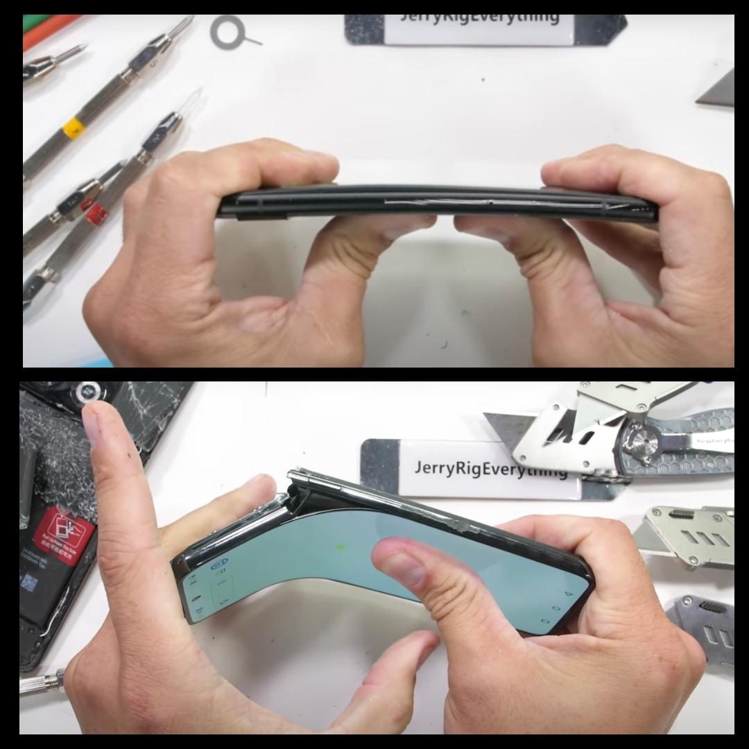 Google Pixel 6a用力彎折後,依舊正常(上圖);One Plus 10T卻被折斷了(下圖)。(圖/YouTube)